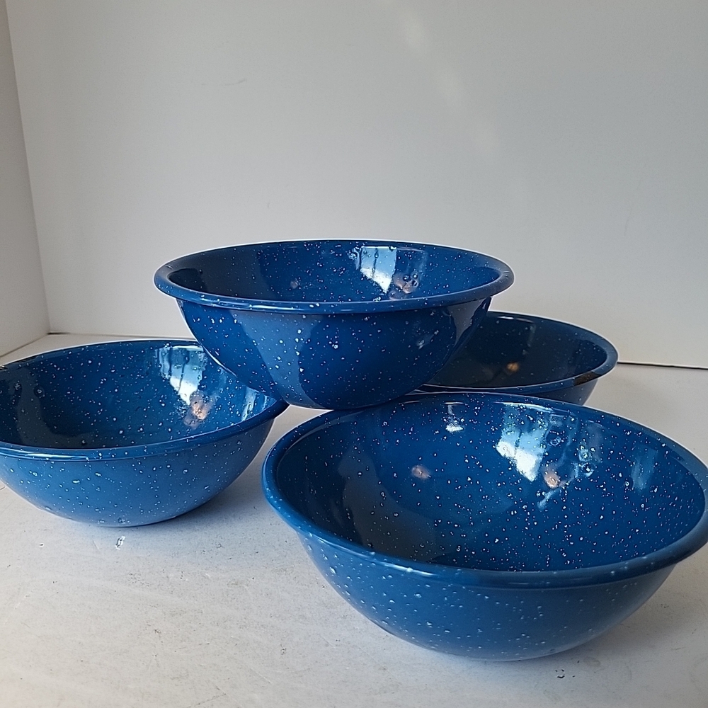 Set of 4 Blue Speckled Enamel Bowls